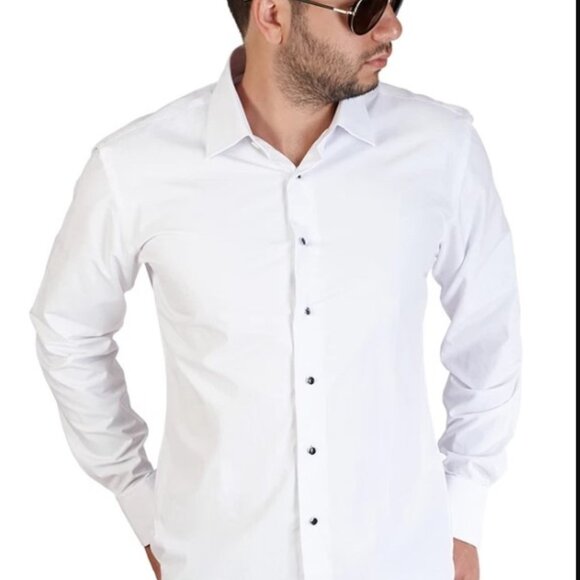Men No Tag Lay Down White Tuxedo Dress Shirt Slim Fit Bow Cufflinks Studs AZAR - Picture 1 of 4